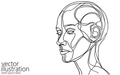  One line AI cyborg woman face. Smart assistant artificial intelligent computer future technology. Isolated one-line drawing sketch silhouette girl profile vector illustration