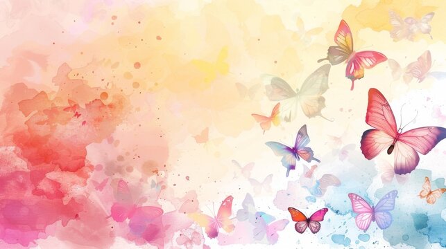 A collection of butterflies with watercolor splashes in pastel hues of pink, yellow, and blue.