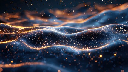 An infinite sea composed entirely of tiny glowing particles that form beautiful starry patterns in blue and gold tones. Generative AI. - obrazy, fototapety, plakaty