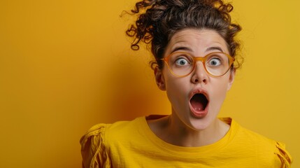 A young girl with curly hair and glasses is captured in a moment of shock against a bright yellow background, her mouth agape in a candid expression of surprise. - obrazy, fototapety, plakaty