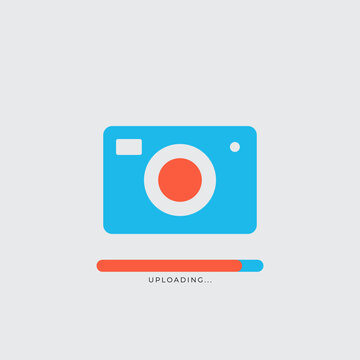 Photo video camera Photo Upload icon. Uploading your photo logo. Camera sign. UI UX interface web button. Stock vector illustration isolated on white background.