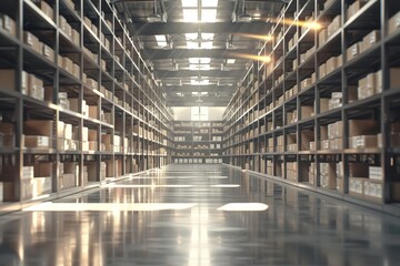 Modern warehouse interior, rows of shelves stocked with boxes, efficient storage solution, 3D illustration