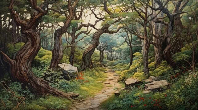 A painting of a forest with a path through it. The trees are tall and the path is made of rocks. The mood of the painting is peaceful and serene