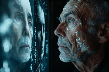 A man with thinning hair and a receding hairline looks longingly at photos of his younger self, grappling with insecurities about aging and masculinity.  Generative Ai.