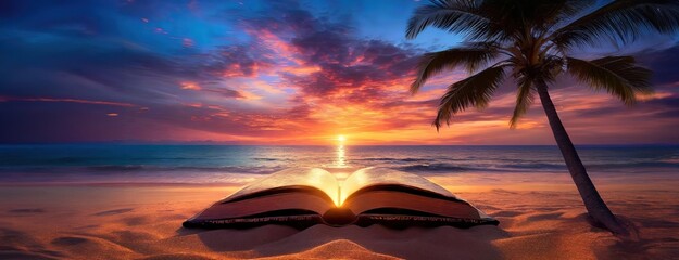 Sunset Embraces an Open Book on a Tropical Beach. Twilight glow illuminates the pages, palm shadows dance. Panorama with copy space.