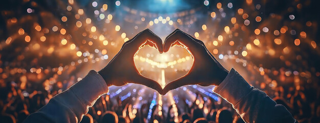 Silhouetted hands form a heart at a concert, celebrating the connection between music and emotion. This gesture speaks volumes of the joy and unity music brings forth in a crowd. - obrazy, fototapety, plakaty