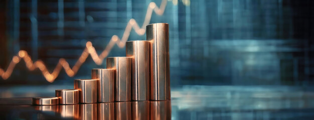 Copper cylinders rise in size against a backdrop of glowing market trend lines indicating growth. This metallic representation symbolizes the ups and downs of commodity trading.