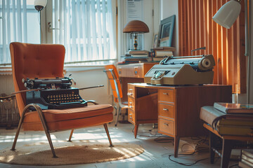 Fototapeta premium Sunlight streams through the blinds, casting a warm glow over a retro study space, complete with a classic typewriter and leather chair, evoking a bygone era of analog creativity.