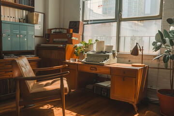 A classic typewriter sits on a wooden desk, basked in the warm sunlight filtering through the window, evoking a sense of nostalgia in this vintage-inspired workspace.