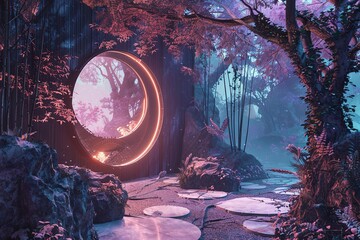 In a surreal fusion of nature and technology, an illuminated portal opens in an enchanted forest, inviting onlookers to a world where magic and reality intertwine beneath ethereal skies. - obrazy, fototapety, plakaty