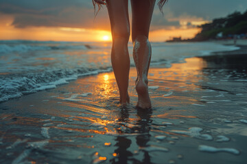 A woman with a prosthetic limb hesitates before stepping onto the beach, battling feelings of inadequacy and self-consciousness about her disability.  Generative Ai.
