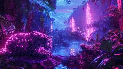 A leopard lounges, bathed in neon light, in a surreal digital jungle where waterfalls glow and foliage shimmers, a tranquil yet electrifying haven from another world.