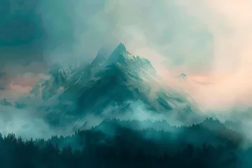 Schilderijen op glas Misty mountain landscape with ethereal atmosphere, nature wallpaper illustration, digital painting © Lucija
