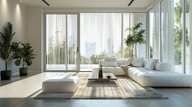 A modern living room with floor-to-ceiling windows covered by sleek white vertical blinds, allowing soft natural light to filter through the slats. Generative AI.