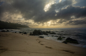 View of sunrise at La Cambuse beach, Mauritius