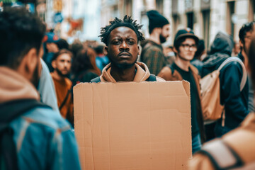 Young Man Holding Blank Cardboard Sign Among Crowd. A thought-provoking image capturing a determined individual amidst a gathering, ready to voice concerns - obrazy, fototapety, plakaty
