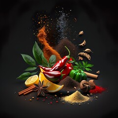 Still life photography of spices and vegetables on a black background