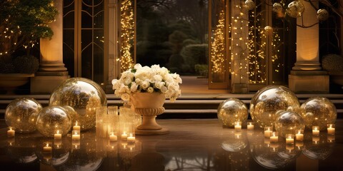 Radiant Elegance: Glowing Gold Ornament and Lights Illuminate the Scene with Dazzling Brilliance 
