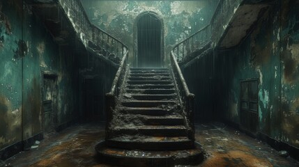 A haunting image of a dilapidated staircase in an abandoned building, capturing the eerie beauty of decay and desolation. - obrazy, fototapety, plakaty