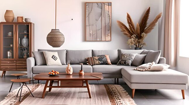 Interior of modern living room with cozy sofa, pictures and coffee table
