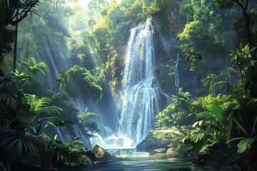 Majestic waterfall cascading through lush tropical rainforest, nature's breathtaking beauty, digital painting