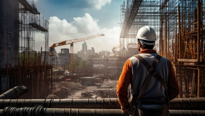 Background: A worker wearing a hard hat and safety vests walks through the construction site of an industrial building. In the background there is a crane, concrete frames of a skyscraper