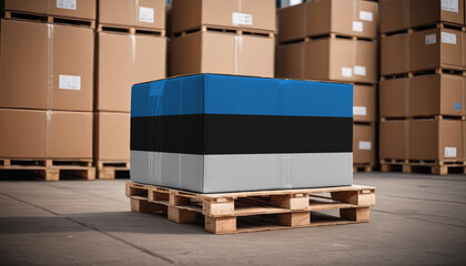 Box with Estonia flag. Estonia logistics port. Logistics industry in Estonia. Export and import of goods.
