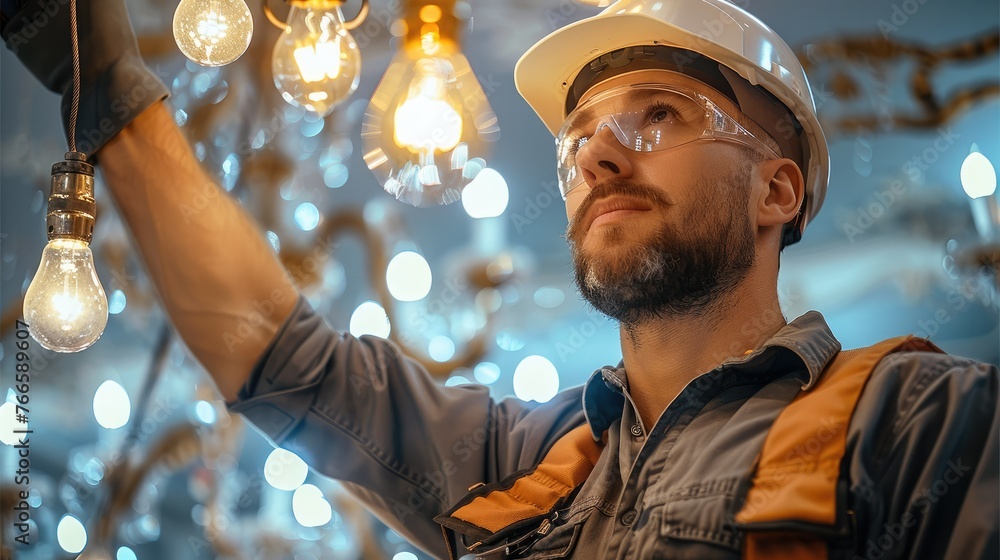 Poster an electrician installing light fixture or chandelier. generative ai.