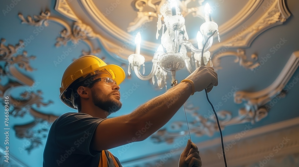 Poster an electrician installing light fixture or chandelier. generative ai.