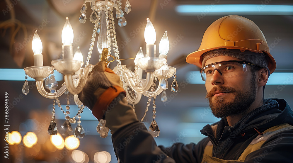 Poster an electrician installing light fixture or chandelier. generative ai.