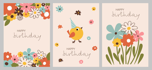 Fototapeta na wymiar Happy birthday. A set of greeting cards with flowers and a bird in a festive hat. Hippie style design with space for text. Naive groovy funky decor. Flat vector retro illustrations.