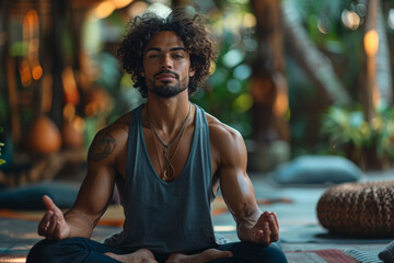 A man rejuvenates his mind and body with a yoga session, practicing mindfulness and stretching his muscles. Concept of holistic wellness through yoga practice. Generative Ai.
