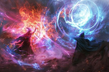 Magical battle between wizards, dynamic fantasy action scene, AI generated art