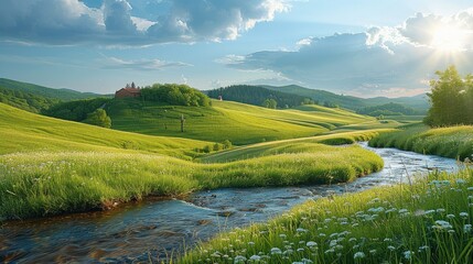 A tranquil countryside landscape with rolling green hills and meandering streams. Generative AI.