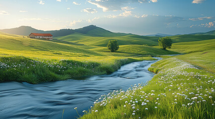 A tranquil countryside landscape with rolling green hills and meandering streams. Generative AI. - 766589883