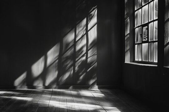 Light and shadows from window cast on indoor wall, dramatic monochrome