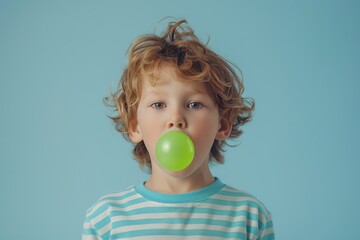 Child boy blowing up bubble with chewing gum on blue background