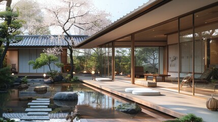 Japanese-style house, distinguished by its minimalist elegant architectural design. Generative AI.
