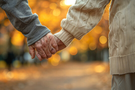 A close-up of an elderly couple walking hand in hand on a sunny day.