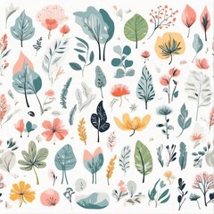 Obraz premium A collection of seamless pattern, colorful abstract plants and flowers. Hand drawn Collection of leaves and flowers. A close up of a pattern of flowers and leaves. 
