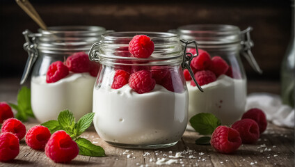 jar of yogurt with raspberries and mint in the kitchen
