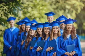 Group of young graduate students in graduation gown and cap standing on a college campus