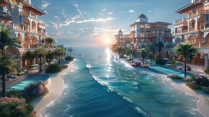 Luxurious beachfront resort development on a sea coast. Generative AI. - obrazy, fototapety, plakaty