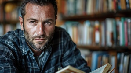 A man sitting and reading a book in a library filled with shelves of books