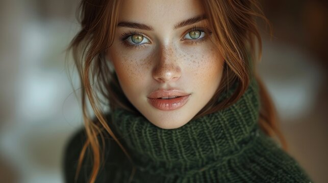 A detailed view of a womans face with freckled hair
