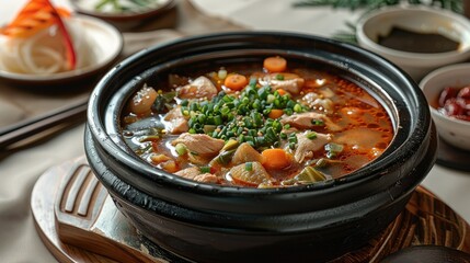 A black clay pot of traditional Korean chicken soup. Generative AI.
