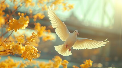 A white bird flies above a tree bursting with yellow flowers - Powered by Adobe
