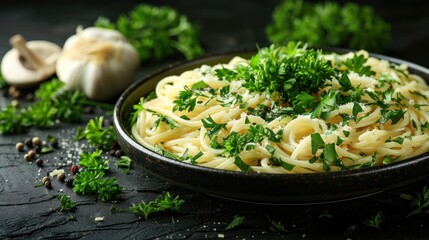 Pasta dish with parsley and garlic in a white bowl