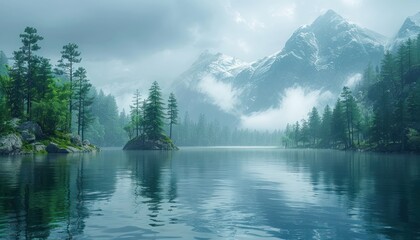 Majestic mountain stands tall overlooking serene lake