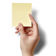 A realistic photograph of a hand holding a post-it note, isolated.